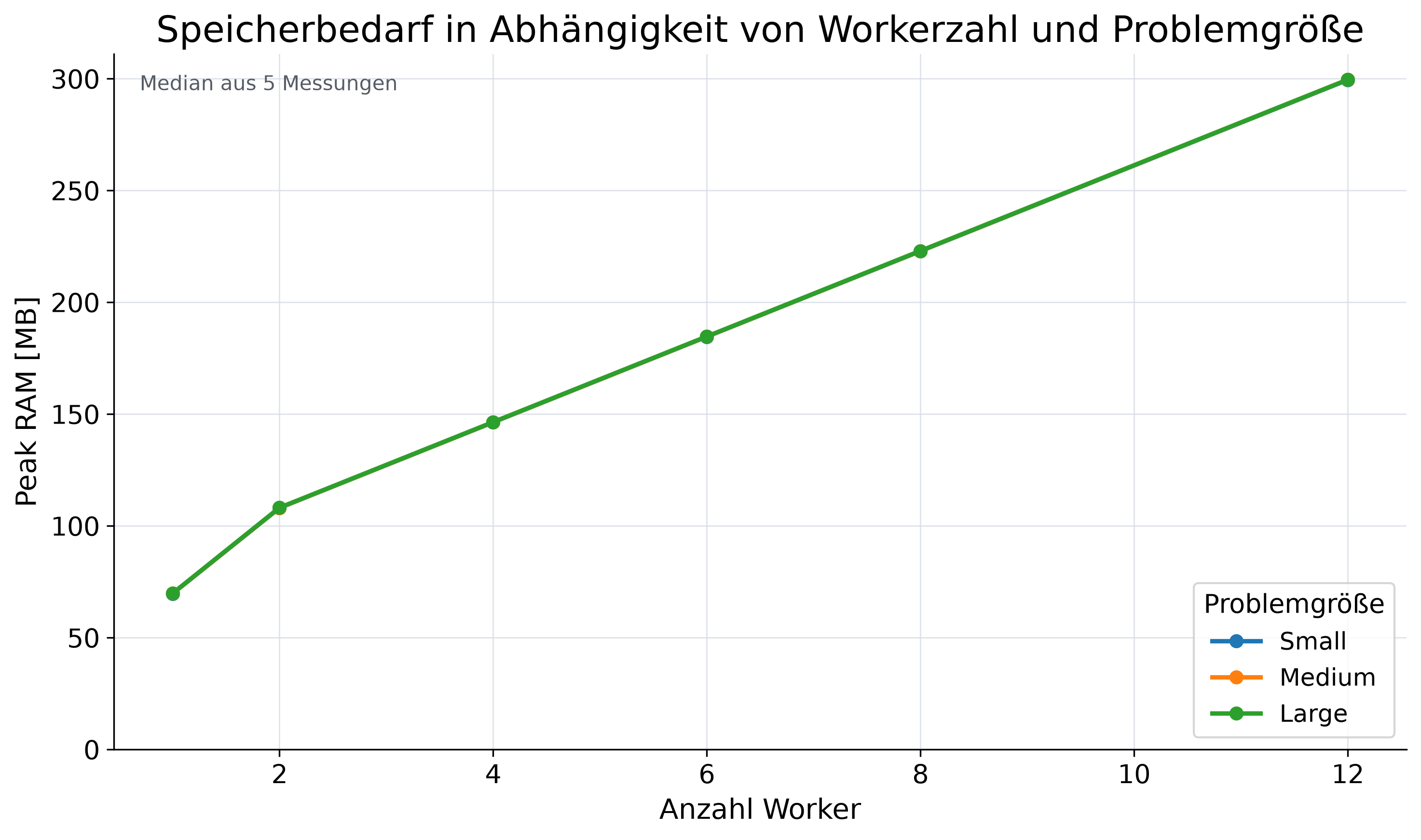 Peak-RSS in Megabyte nach Worker-Zahl: Small, Medium und Large liegen bei jedem Prozesscount fast übereinander; der Speicher wächst mit mehr Workern.